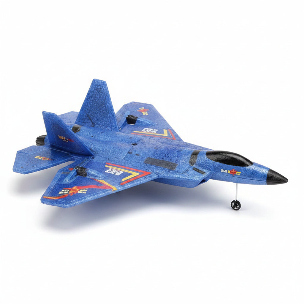 A blue toy fighter jet model with red, white, and yellow graphics, shown on a plain white background.