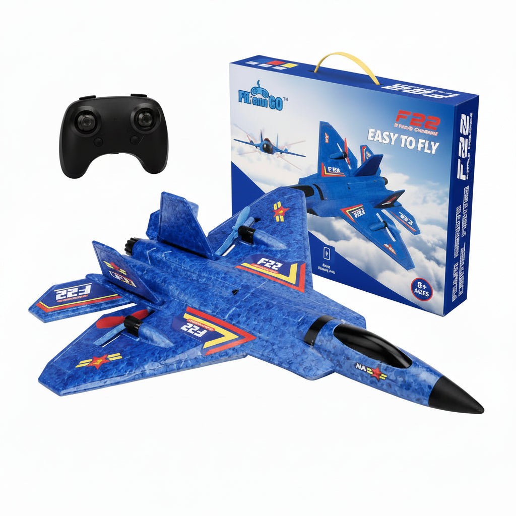 Blue remote-controlled toy fighter jet with a black nose cone and black control remote, shown alongside its blue retail box on a white background.