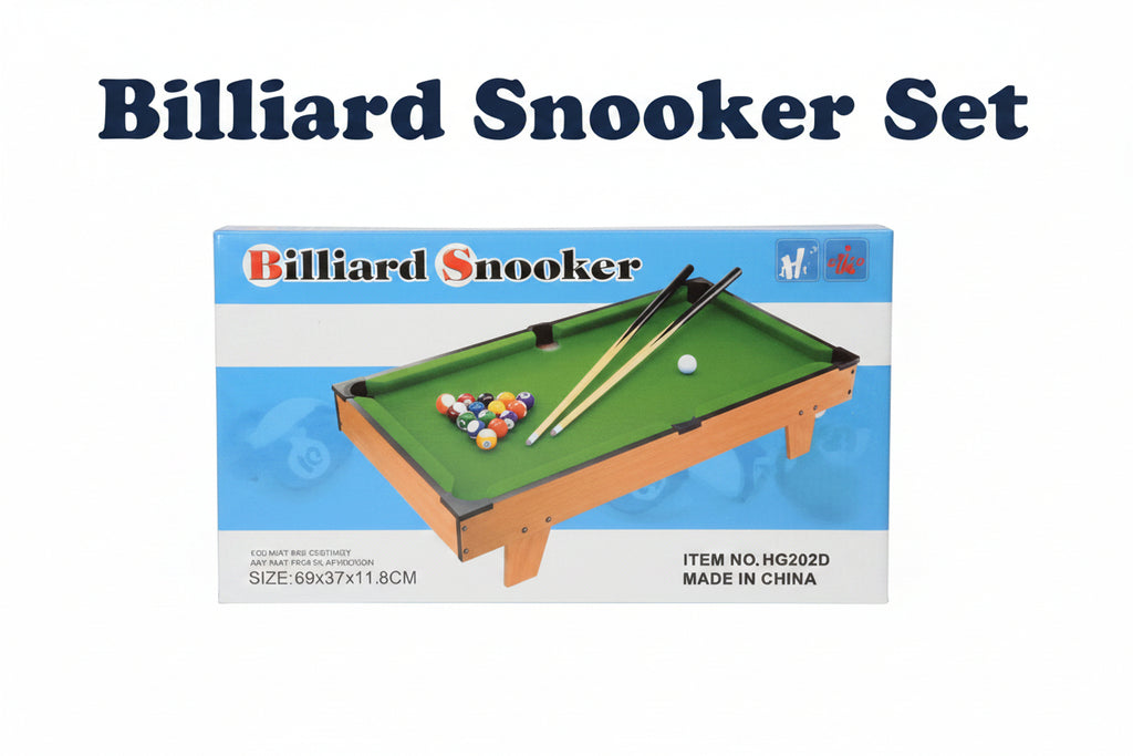 A boxed children's billiard snooker table set shown in its retail packaging. The box features a photo of the green felt table with wooden rails, billiard cues, and a rack of colored balls, with the words 'Billiard Snooker' at the top.