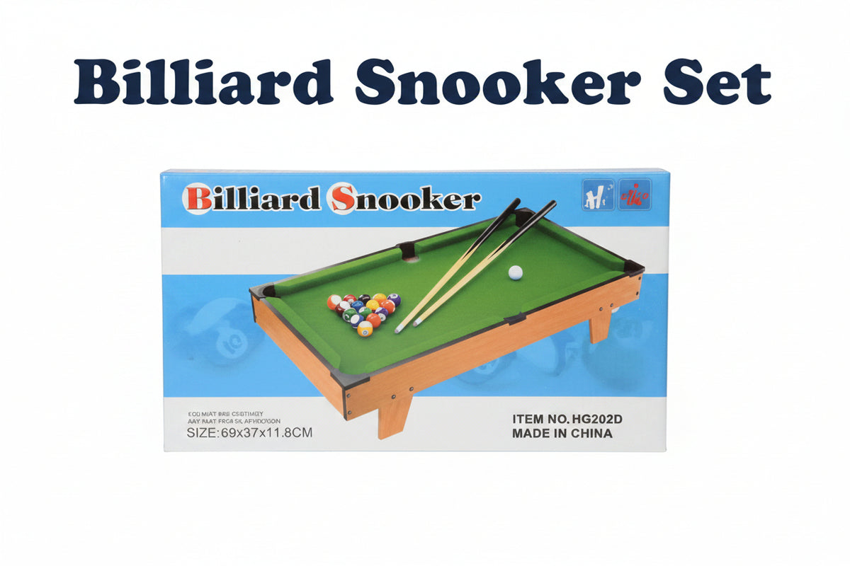 A boxed children's billiard snooker table set shown in its retail packaging. The box features a photo of the green felt table with wooden rails, billiard cues, and a rack of colored balls, with the words 'Billiard Snooker' at the top.