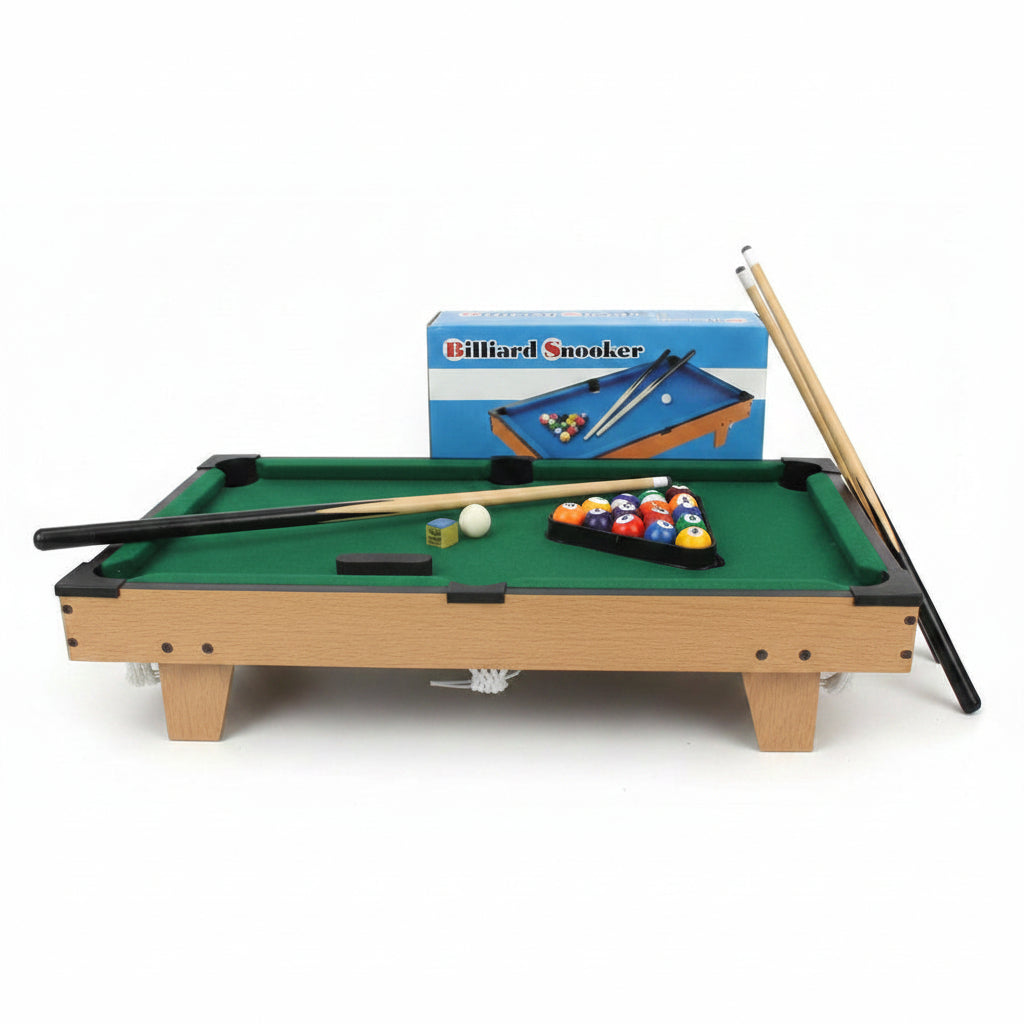 A miniature billiards/smoker table set with a green felt playing surface, wooden frame, rack of colored balls, cue sticks, and a blue backboard with a 'Billiards Smoker' sign, shown against a plain light background.