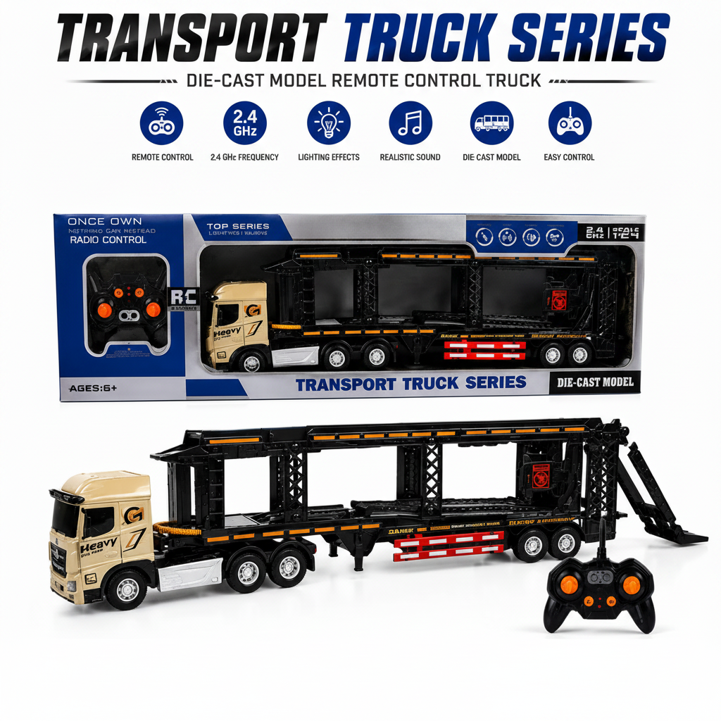 A die-cast remote control transport truck model shown with its retail box, plus a separate remote control. The truck is a double-axle cargo carrier with a beige cab and a black frame carrying two black trailers.