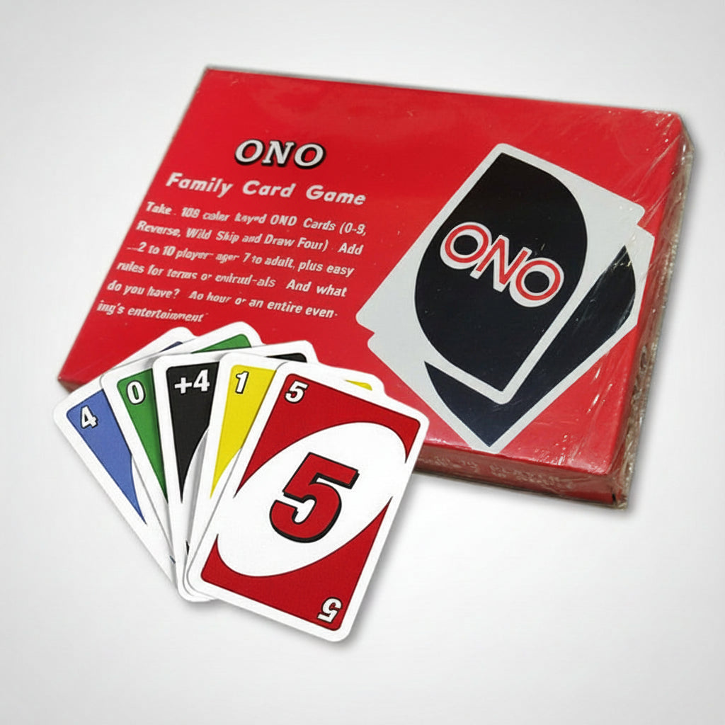 A boxed Uno Family Card Game with several sample cards fanned out in front on a plain white background.