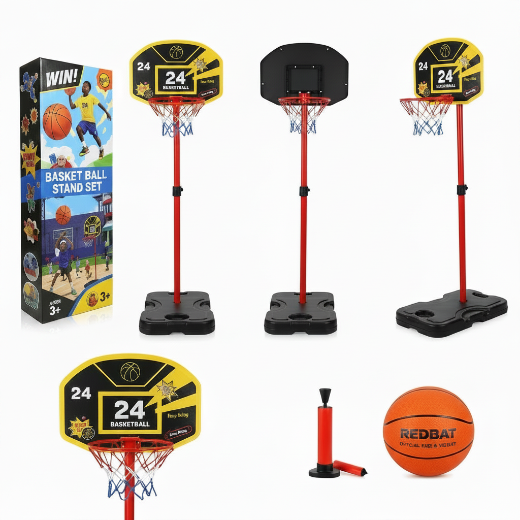 A kids' basketball hoop set shown with multiple views and included accessories on a white background. The set includes a red and black portable basketball stand with a printed backboard, a second view of the hoop with a black backboard, a retail box, an orange basketball, and a red pump.
