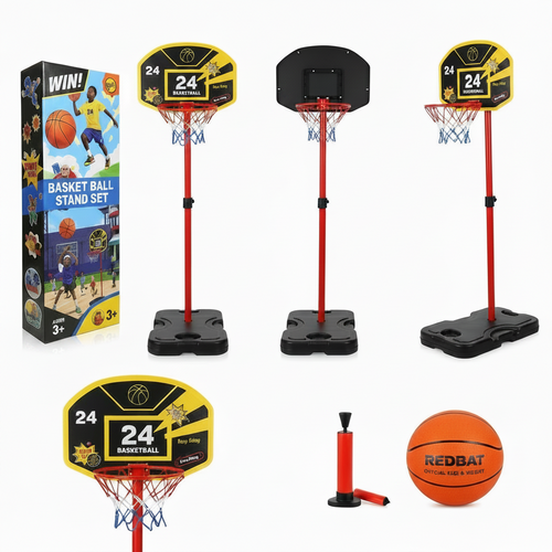 A kids' basketball hoop set shown with multiple views and included accessories on a white background. The set includes a red and black portable basketball stand with a printed backboard, a second view of the hoop with a black backboard, a retail box, an orange basketball, and a red pump.