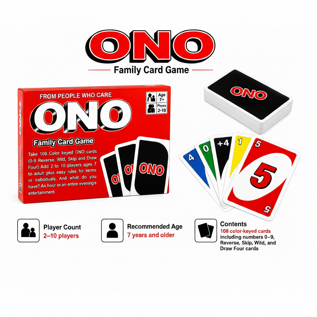 The ONO Family Card Game set shown on a white background, including the red and white game box, a black deck box lid with the ONO logo, and several sample cards fanned out. The image also includes player count, recommended age, and contents icons at the bottom.