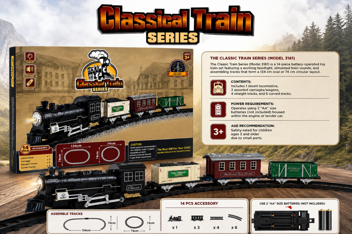 Classical Train Series toy set packaging and contents display on a promotional graphic. The image shows the illustrated product box, a black steam locomotive, several passenger and cargo cars, track pieces, and battery accessories, with text callouts and a scenic railway background.