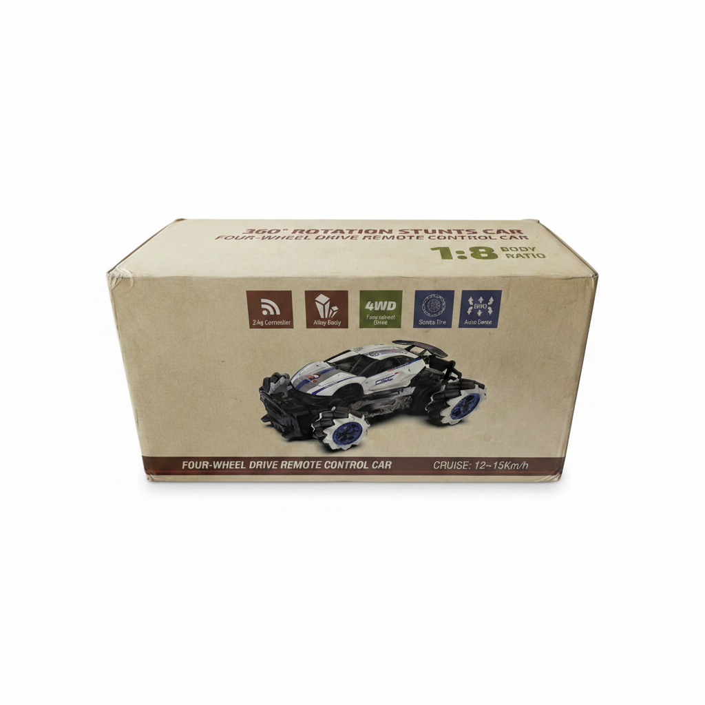 A cardboard box for a 1:8 scale remote control car, featuring a printed illustration of a black, white, and blue stunts car. The box highlights features like 360-degree rotation, 4WD, and 2.
