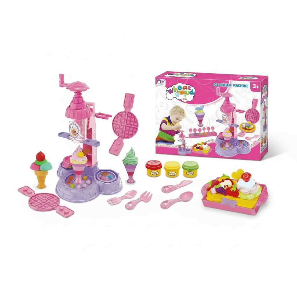 A children's play set labeled 'Wheat Mud - Creative Ice Cream Machine & Play Dough Set' shown with its retail box and multiple pink toy components on a white background. The set includes an ice cream machine, waffle maker, spoons, play dough containers, utensils, and a play dough tray with fruit and ice cream illustrations.
