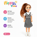 A small fashion doll with long brown hair in a ponytail, wearing a black-and-white striped dress over a white top and white shoes. The image includes marketing text on the left and a colorful 'Happy Time' logo at the top, on a plain white background.