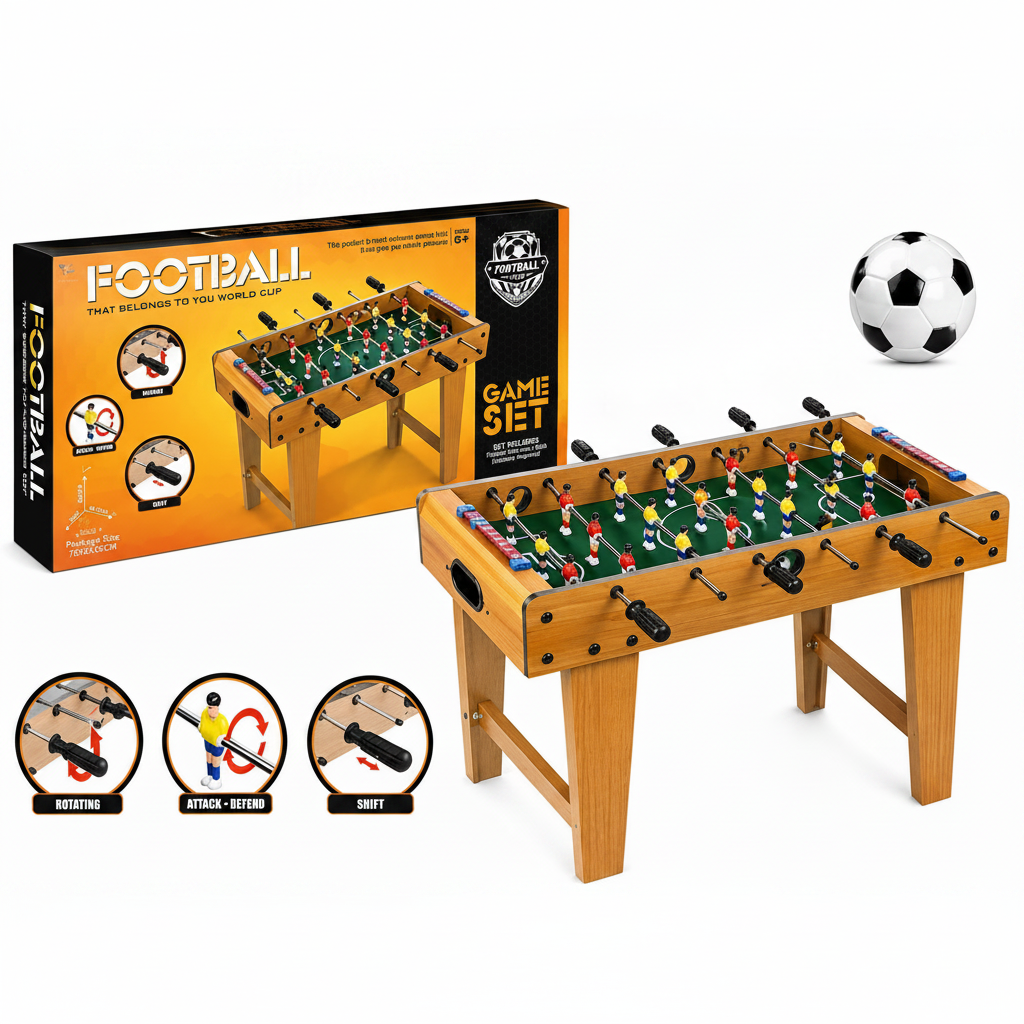 A wooden foosball table set shown with its retail box, a soccer ball, and three circular feature callouts on a white background. The set includes a light brown wood table with a green playing field, colorful player figures, black handles, and a black-and-white soccer ball.