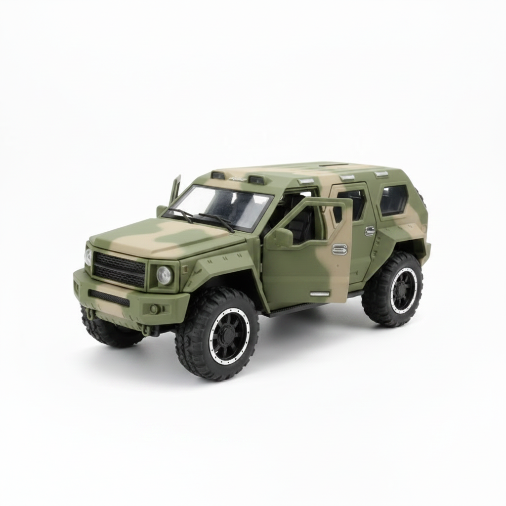 A 1:24 scale die-cast model of a Chezni Alloy Vehicle, shown in olive green with black wheels and a roof light, displayed on a red base with holographic graphics and packaging in the background.