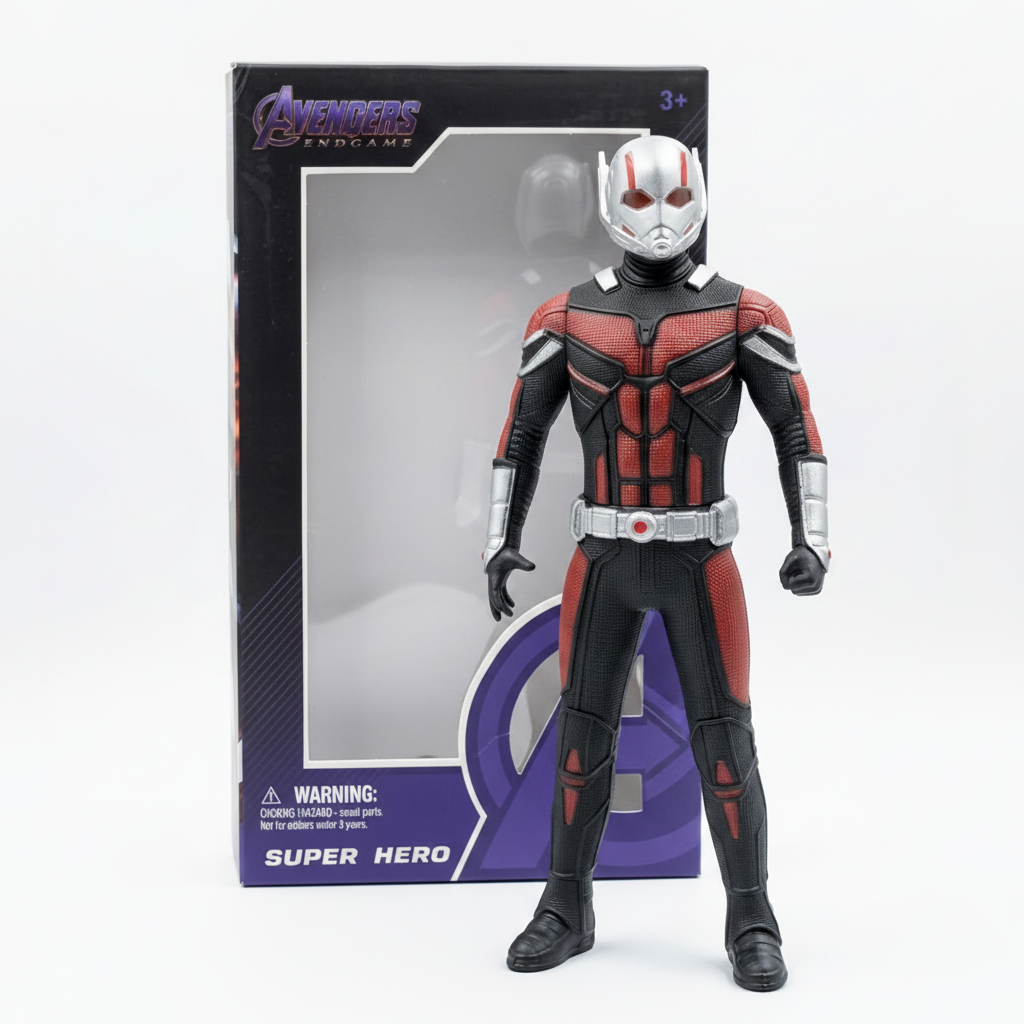 Marvel Avengers: Endgame Ant-Man Super Hero action figure standing next to its original window box packaging on a white background.