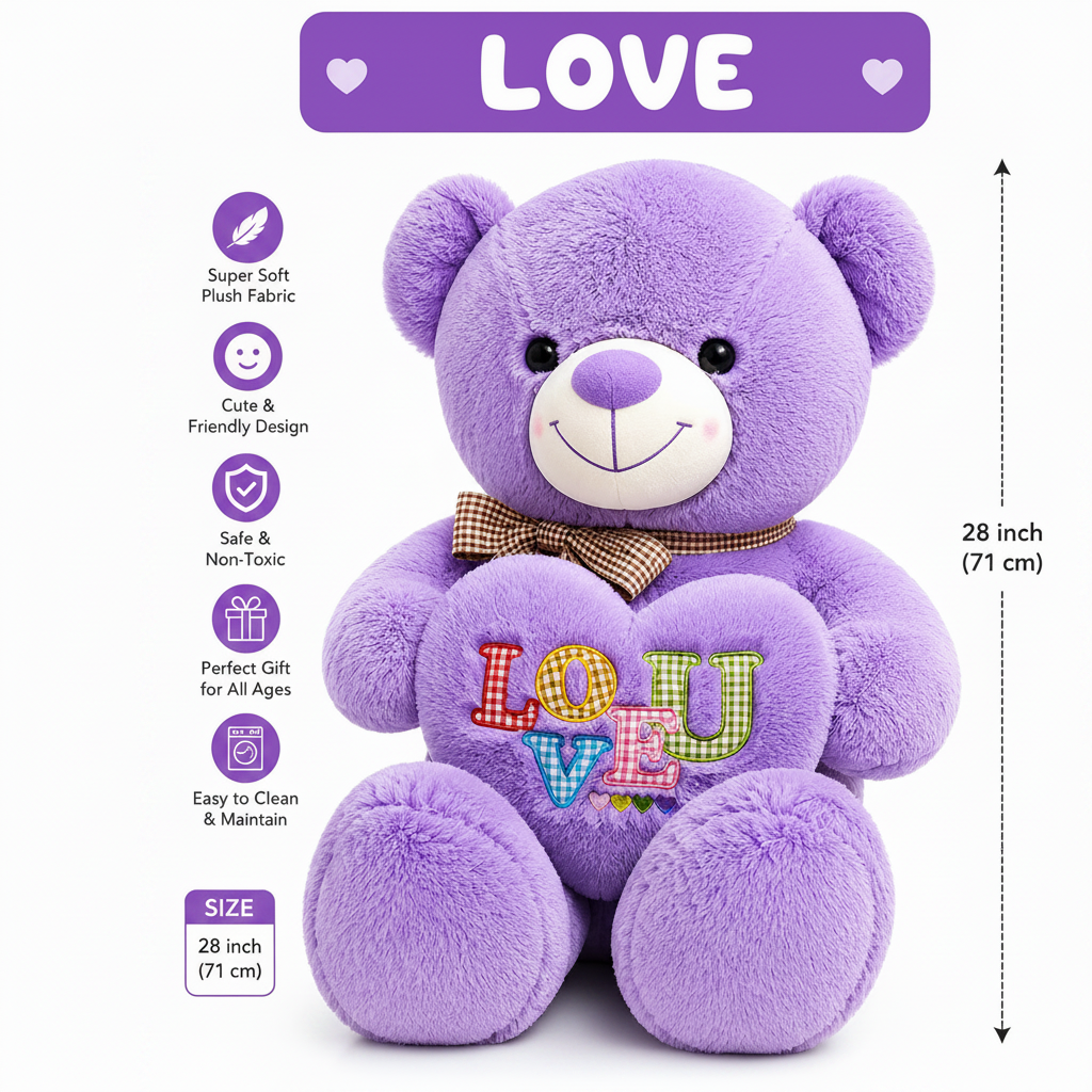 Purple plush teddy bear with a heart-shaped pillow reading 'LOVE' in colorful letters, shown on a white background with product features and dimensions listed. The bear wears a brown gingham bow tie and has embroidered facial details.