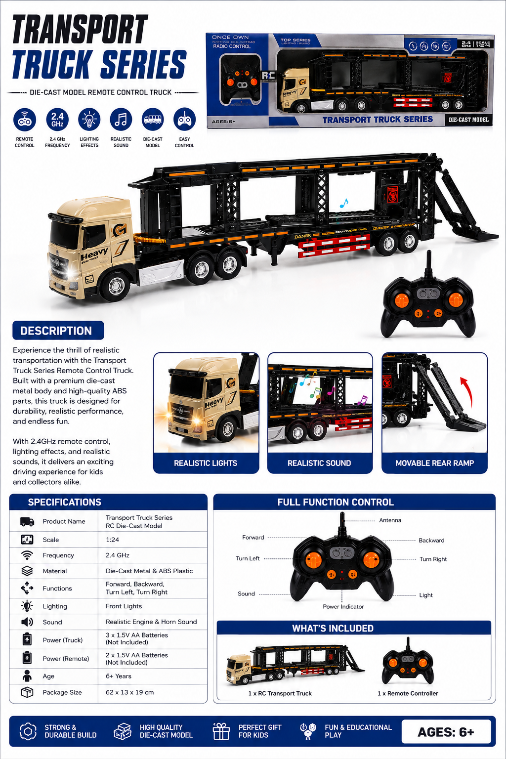 Heavy Duty 1:24 RC Car Transporter