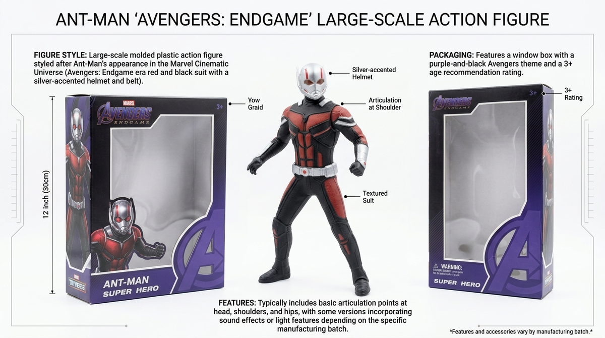 Ant-Man 'Avengers: Endgame' large-scale action figure and its retail packaging, shown on a white background with printed feature and packaging callouts.