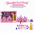 Princess Castle Playset by Beautiful Sweet Family, featuring a pink and blue castle, a yellow floral dress doll, accessories like chairs and tables, a horse, and a carriage, shown with its retail box on a white background.