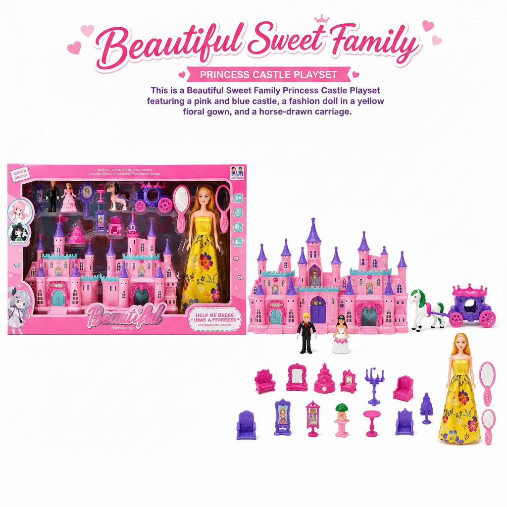 Princess Castle Playset by Beautiful Sweet Family, featuring a pink and blue castle, a yellow floral dress doll, accessories like chairs and tables, a horse, and a carriage, shown with its retail box on a white background.