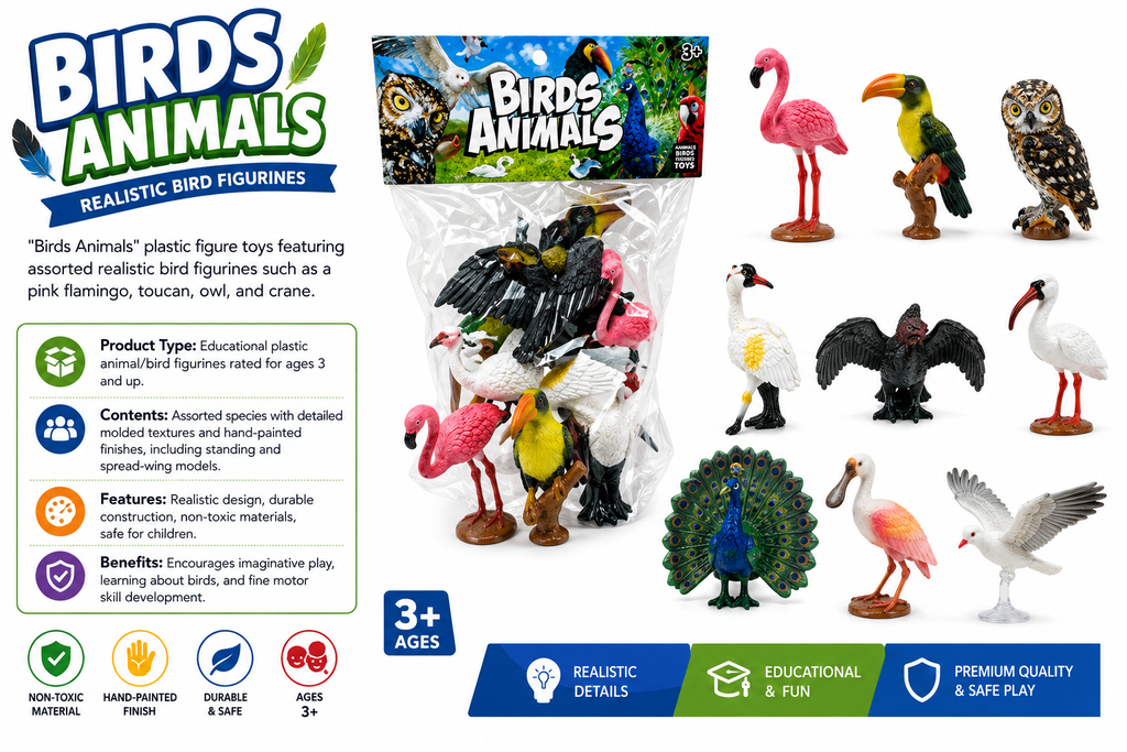 Birds Animals realistic bird figurines set in a clear plastic bag with a colorful header card, shown alongside several individual toy birds including flamingos, toucan, owl, penguin, ostrich, and peacock on a white background with feature icons and text.