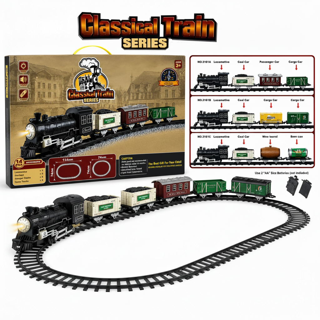 A vintage-style toy train set shown with its retail box, a black locomotive pulling several cargo and passenger cars, and an inset chart listing included train models and accessories. The image has a white background and a large 'Classical Train Series' title at the top.