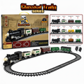 A vintage-style toy train set shown with its retail box, a black locomotive pulling several cargo and passenger cars, and an inset chart listing included train models and accessories. The image has a white background and a large 'Classical Train Series' title at the top.