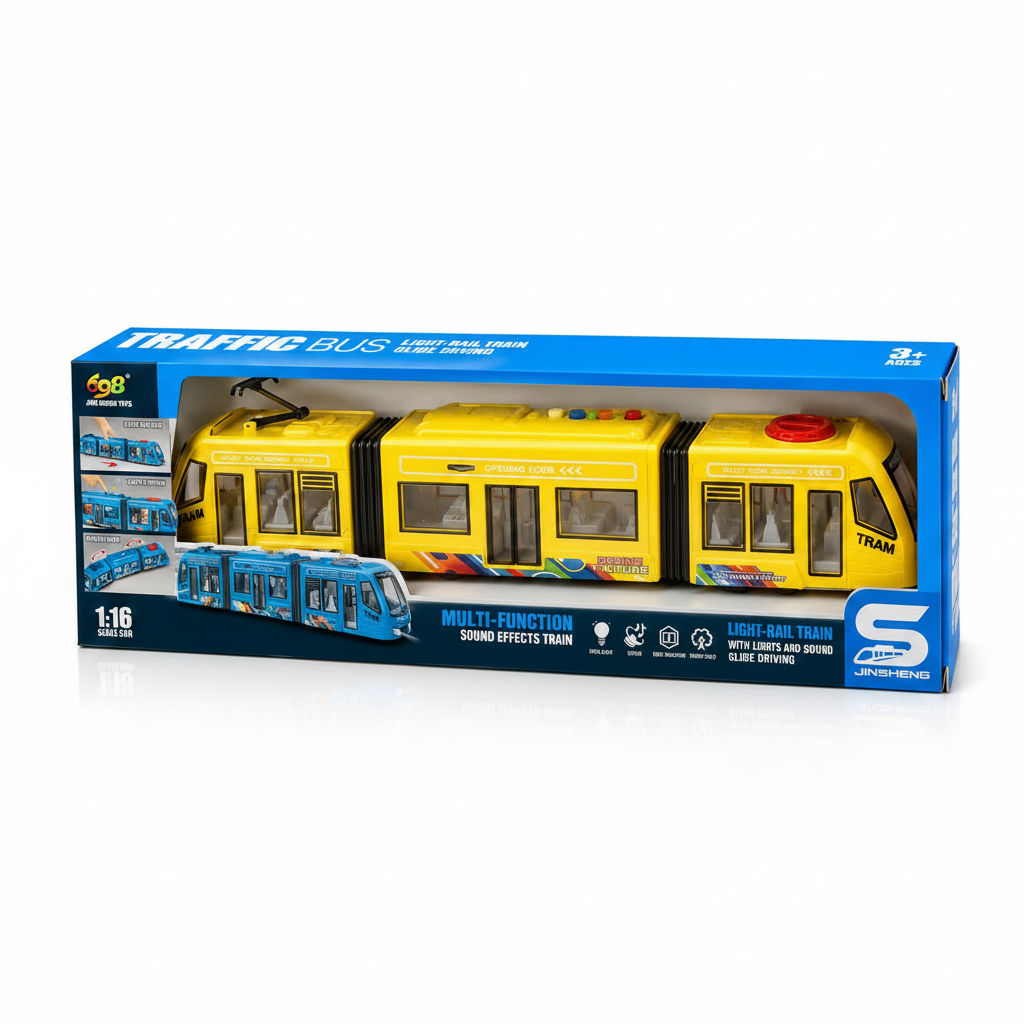 A 1:16 scale toy light rail train set in its blue retail packaging, featuring a yellow three-car train with black details, windows, and a red emergency stop button, with a blue tram illustration on the box.