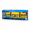 A 1:16 scale toy light rail train set in its blue retail packaging, featuring a yellow three-car train with black details, windows, and a red emergency stop button, with a blue tram illustration on the box.