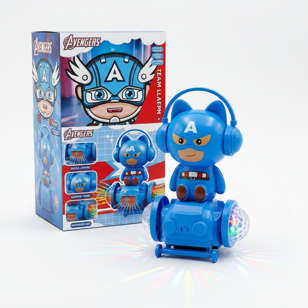 Captain America-themed toy robot in front of its Avengers packaging box, featuring blue cat ears, headphones, and a holographic light-up wheel on a white background.