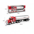 A red and white toy oil tanker truck shown both inside its retail packaging and unpackaged on a white background, with dimension labels indicating 45.5cm length, 12cm height, 6.