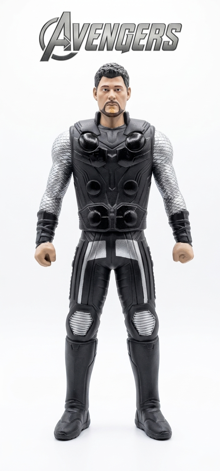 Thor's Hammer action figure from Marvel's Avengers, featuring a detailed black and silver armor suit, standing against a white background with the Avengers logo at the top.