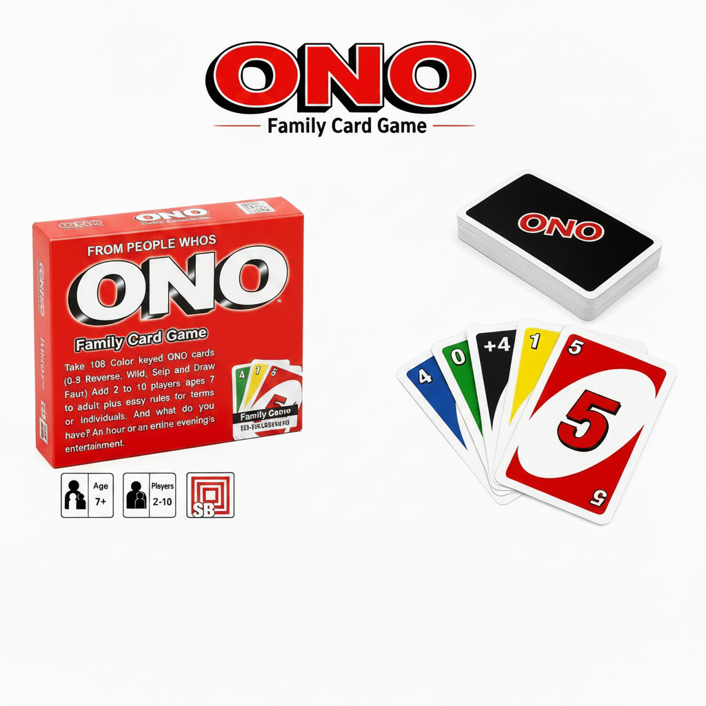 The ONO Family Card Game set shown on a white background, including the red product box, the black-and-white card deck, and several sample cards displaying red, black, green, blue, yellow, and white designs.