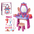 A children's makeup desk toy set shown with the retail box, accessories, and the vanity table, stool, mirror, and cosmetic items on a plain white background.