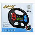 Boxed retail packaging for a steering-wheel-style game console, showing the product prominently on the front with text including 'GAME CONSOLE', 'Model SU-8', and feature callouts on a white-to-blue gradient background.