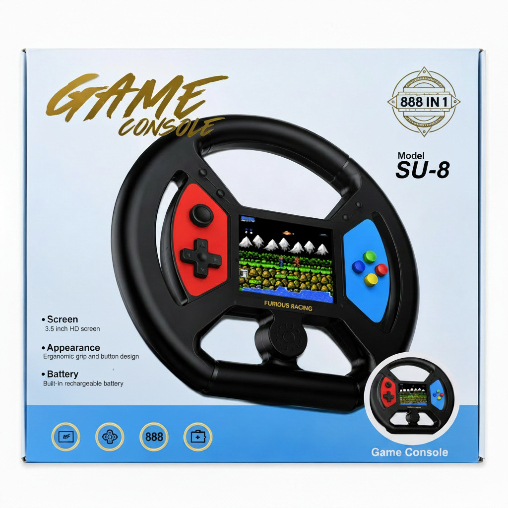Boxed retail packaging for a steering-wheel-style game console, showing the product prominently on the front with text including 'GAME CONSOLE', 'Model SU-8', and feature callouts on a white-to-blue gradient background.